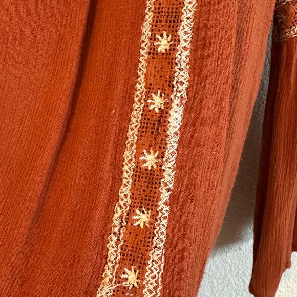 ๐ด Burnt Orange Embroidered Bohemian Peasant Tunic Top, Size L - Picture 3 of 9